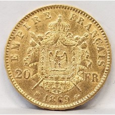 FRANCE 1869 BB . TWENTY 20 FRANCS . GOLD COIN
